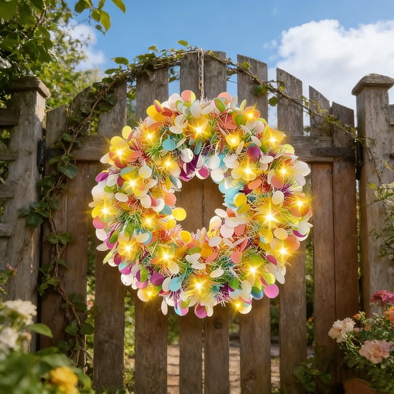 40cm Easter Wreath with Lights - Colorful Artificial Spring Wreath Decorations (Light)