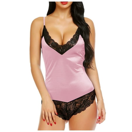 

Teddy Lingerie for Women Push Up Camisole Shorts Nightwear Fashion Lace Underwear Sleepwear Pajamas Matching Bra and Panty Sets for Women Plus Size Pink L