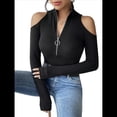 thumbnail image 1 of Blusa de Mujer con Cuello en V, Hombros Descubiertos, Larga, Ajustada, con Cordones, Acanalada y Elástica. Negro M, 1 of 9