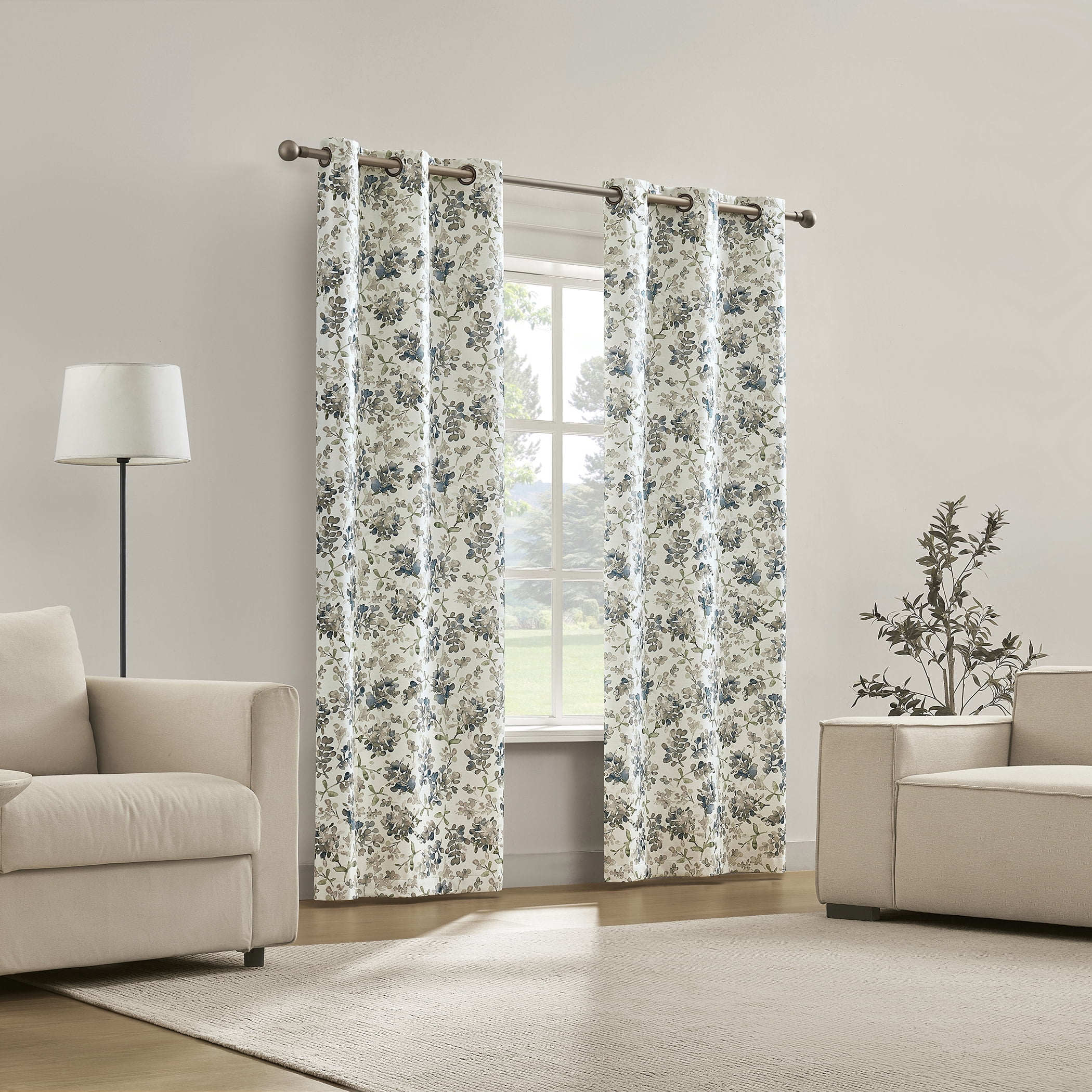 Sun Zero Bryant 2-Piece Textured Thermal Insulated Floral 100% Blackout  Grommet Top Curtain Panel, Blue Floral, 37”W x 108"L