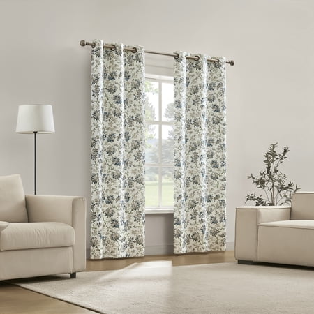 sun zero bryant 2-piece textured thermal insulated floral 100% blackout grommet top curtain panel blue floral 37”w x 84 l