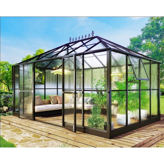 Jocisland 14x9.5x9 ft Steel Polycarbonate Greenhouse - 6 ft Wall Height Ventilation and Rain Gutter for Garden, Black