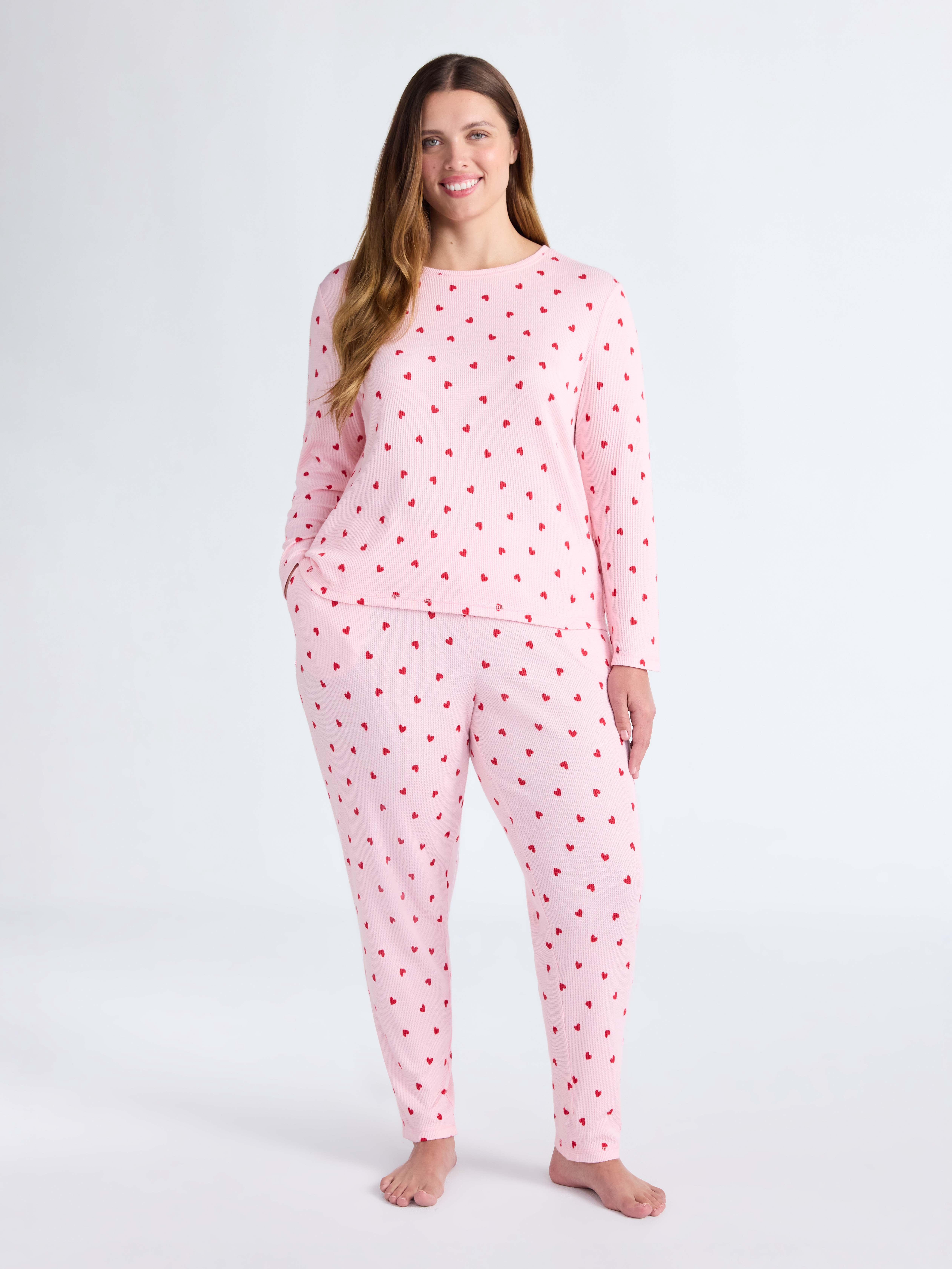 Joyspun Women's Waffle Knit Long Sleeve Top and Joggers Pajama Set, 2-Piece, Sizes S-3X