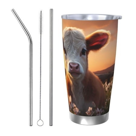 

Bingfone Sunset Calf Flower Field for 20 Oz Stainless Steel Travel Mug Double Wall Water Coffee Cup for Home Office Outdoor Works Great for Ice Drinks and Hot Beverage-Straw Three-piece Set