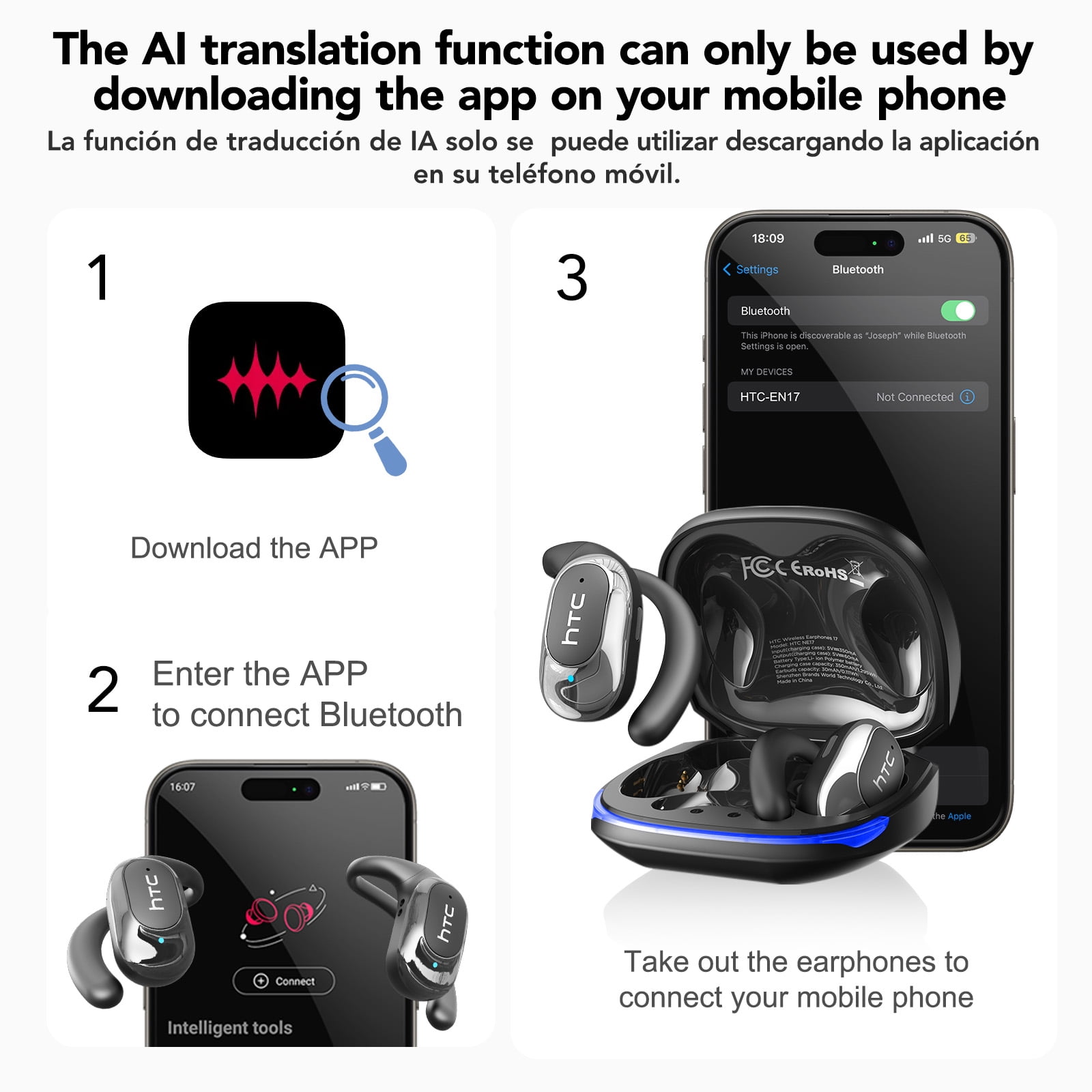 HTC NE17 Translation Earbuds Open Ear Headphone Sports 135 Languages Bluetooth 6.0 for HD Stereo Sound Waterproof