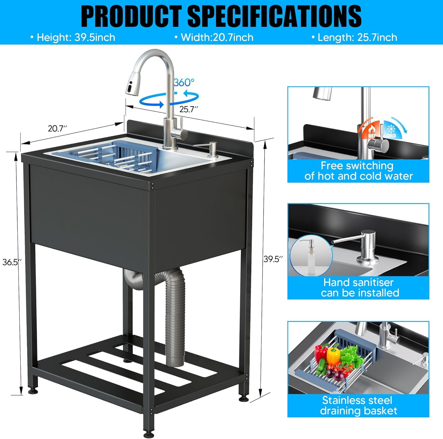 Stainless Steel Utility Sink, 25.7" × 20.7" × 39.5"Freestanding Sink with Cold and Hot Water Faucet,Hoses and Drain Kit for Kitchens, Bathrooms, Garage, Laundry Room