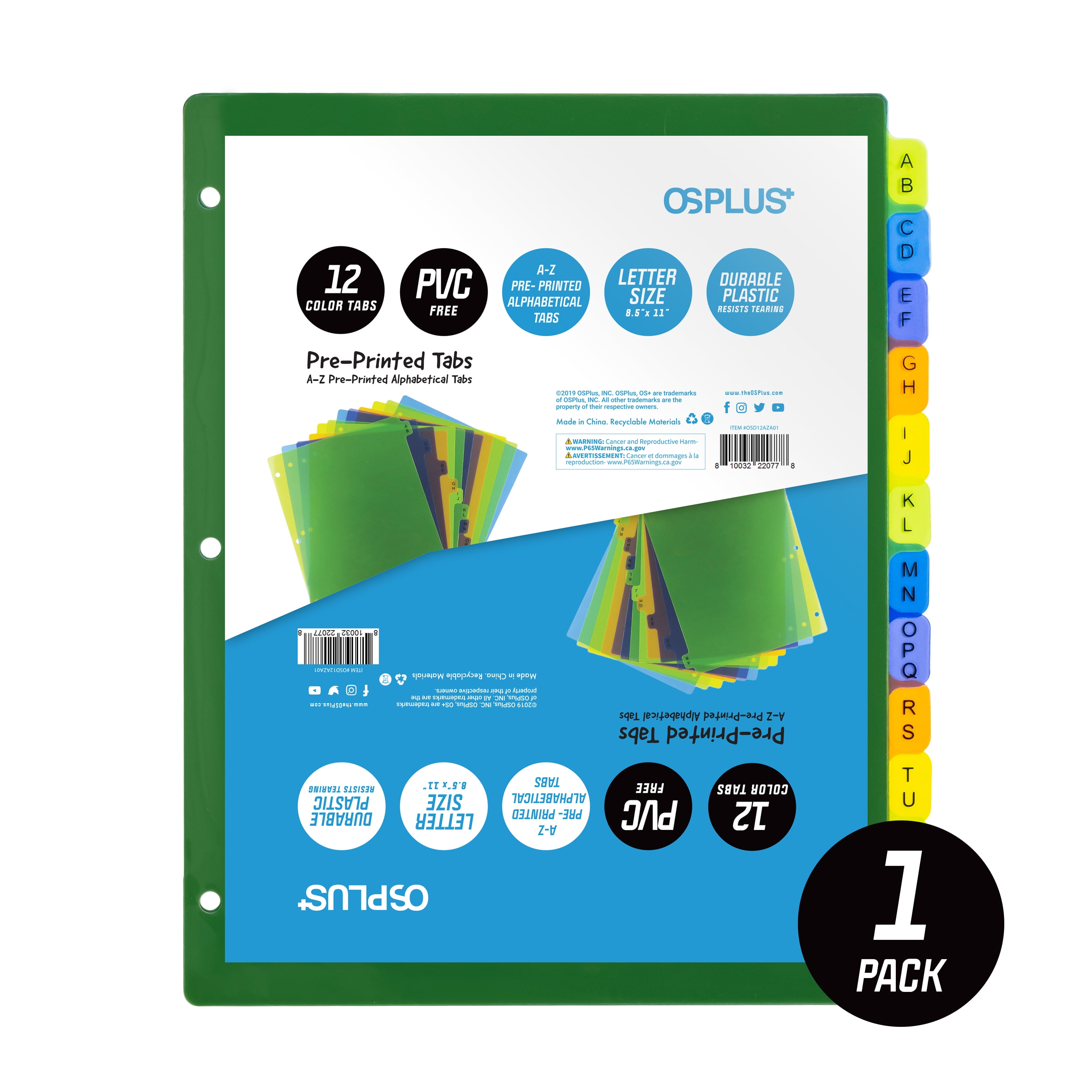 OS Plus 12-Tab Pre-Printed Plastic Dividers, Assorted, Alphabet, 1 Set