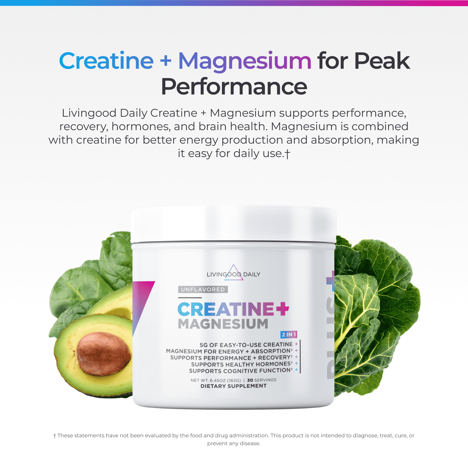 Livingood Daily Creatine + Magnesium Powder, Unflavored | 5g Micronized Creatine Monohydrate with Magnesium for Energy, Muscle Recovery & Performance | 30 Servings