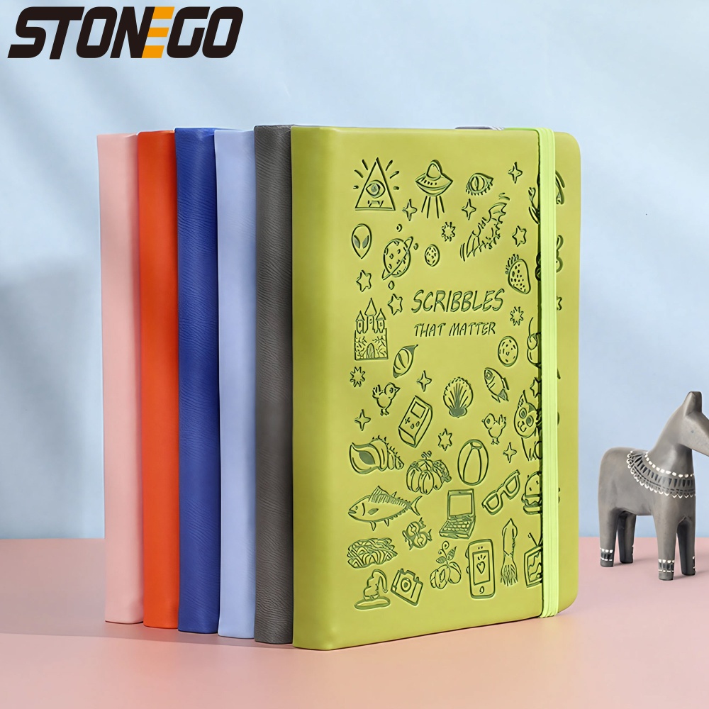 STONEGO Cartoon Doodle Cover Journal - A5 Size Notebook with Strap, Available in 6 Color Options - Perfect for Recording Life, Creativity, and Daily Thoughts,Fun and Functional Diary for All Ages