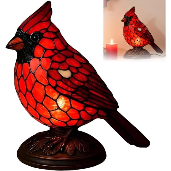 HIBIBUD Cardinal Lamp Stained Glass, Resin Red Bird Table Light Lamps, Bedroom Decor Bird Lamp (Red)