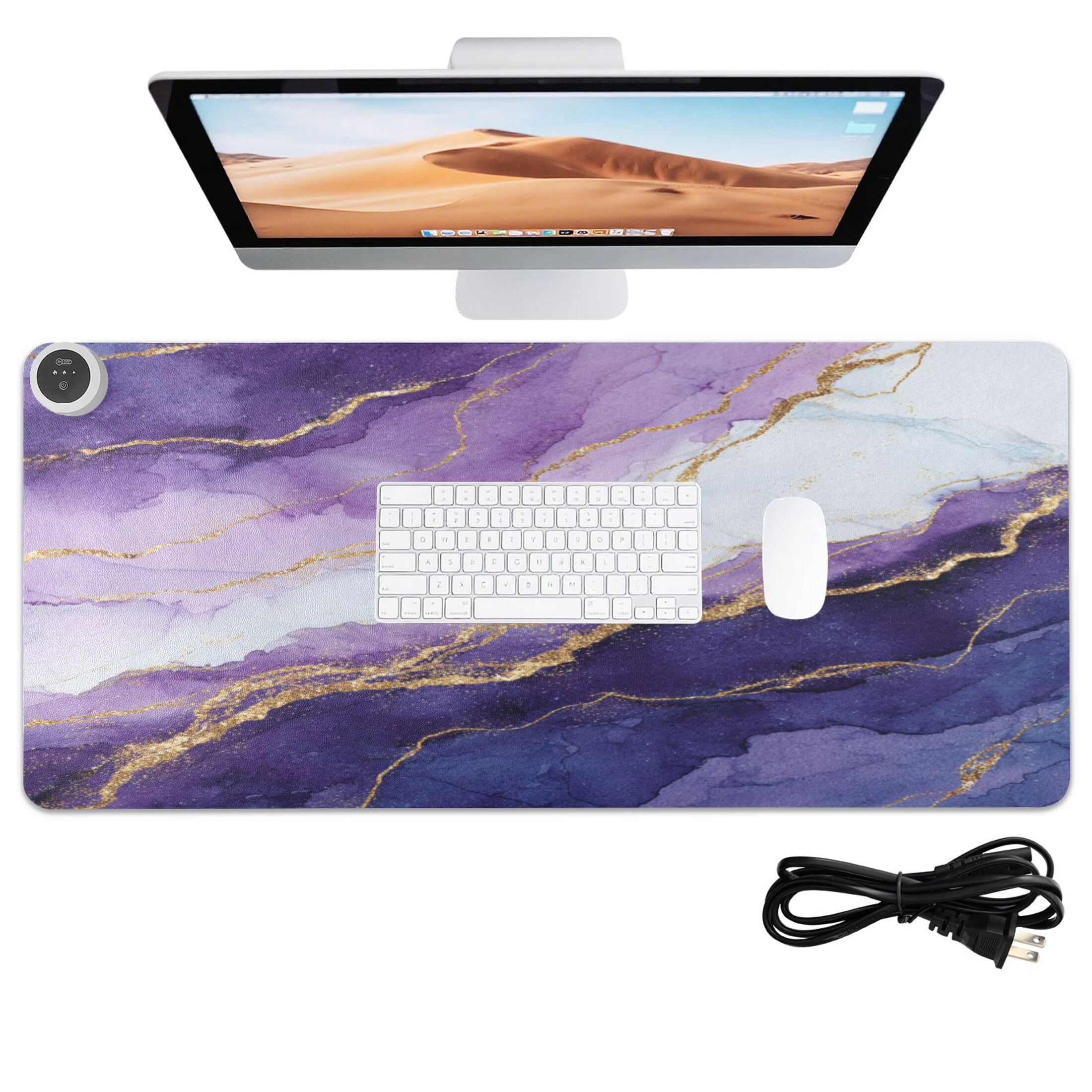Large Heated Desk Mat Mouse Pad 31.5"x13"PU Leather Graphene Heating Desk Warmer with 3 Temperature Settings 110V US Plug Non-Slip Warm Pad for Home, Office, and Gaming Abstract Dark Purple Marble