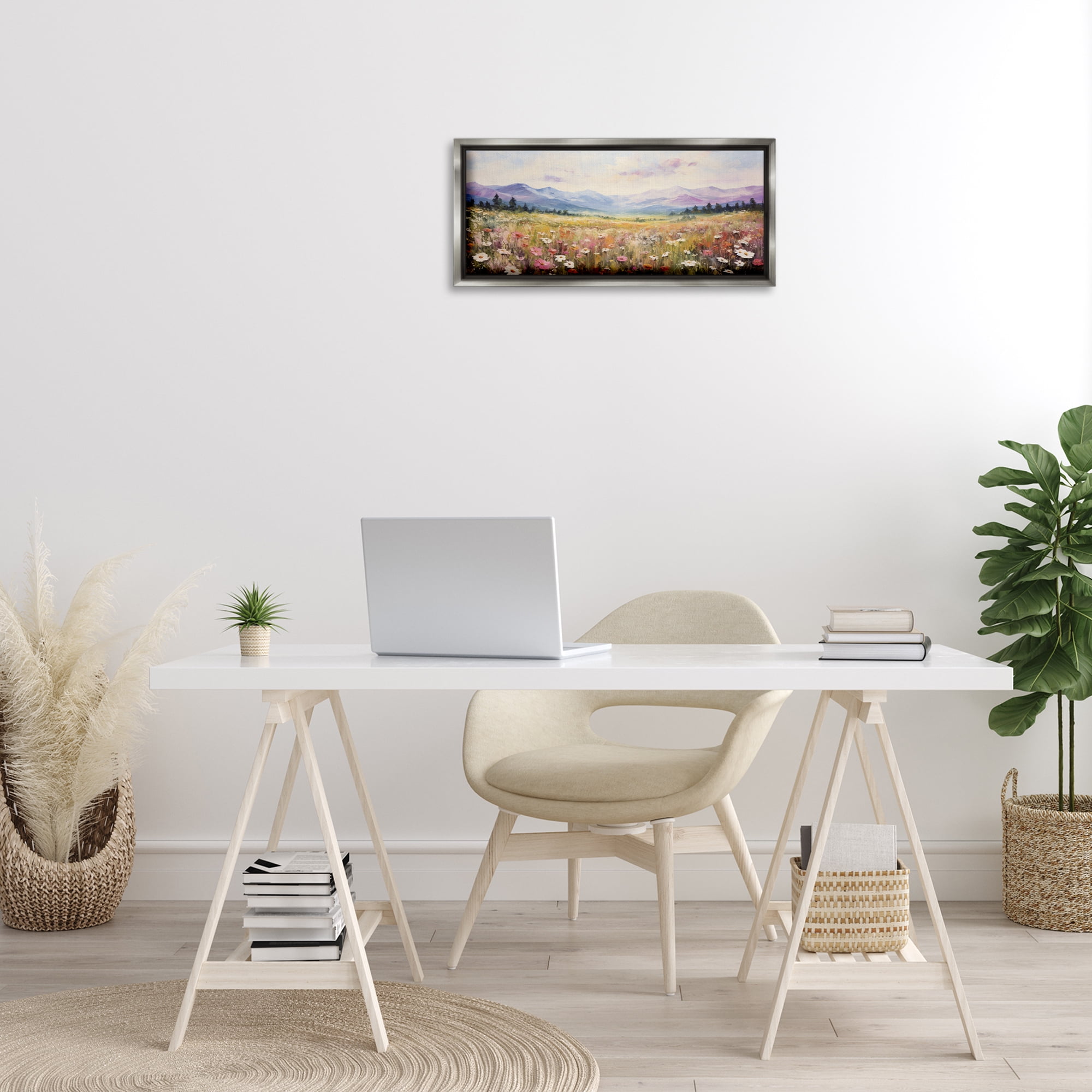Stupell Industries Mountainous Daisy Meadow Landscape Painting Gray Floater Framed Art Print Wall Art, 25 x 11