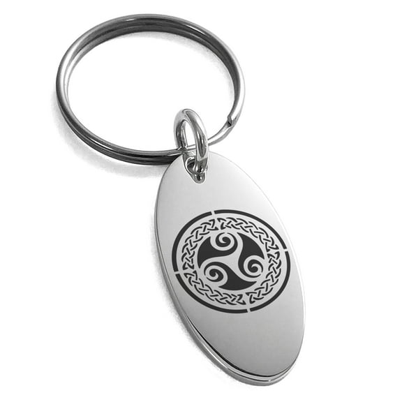 Stainless Steel Celtic Triskele Triskelion Triple Knot Engraved Small Oval Charm Keychain Keyring