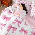 thumbnail image 4 of jejeloiu Pink White 7-Piece Bedding Comforter Set,Cartoon Bowknot Bowtie King Bedding Sets For Girl Reversible, 4 of 8