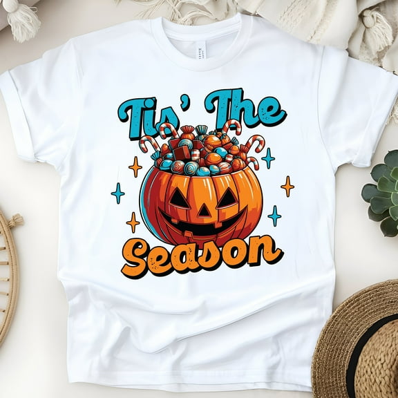 Women's Halloween T-Shirt, "Tis’ The Season" Candy-Filled Pumpkin Graphic Tee, White, Size S