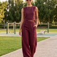 thumbnail image 6 of Szluipve 2 Piece Sets for Women Contrast Stitch 2 Piece Outfits Sleeveless Round Neck Crop Tank Top & High Waist Wide Leg Long Pants Elegant Casual Matching Set with Pockets Wine 2XL, 6 of 9