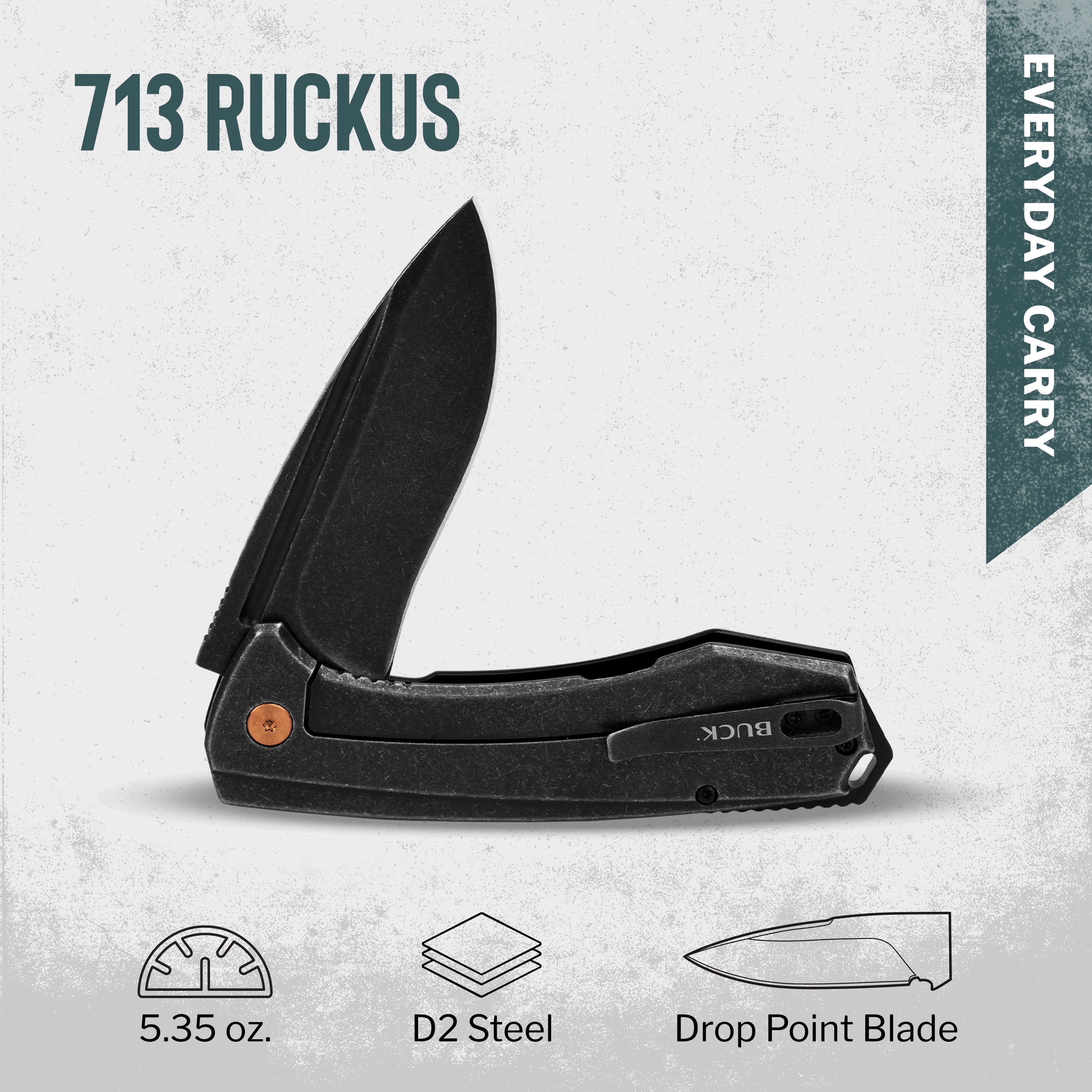 Buck Knives 713 Ruckus Folding Pocket Knife, EDC Knife, 3.5” Drop Point Blade, Black, 5.35 oz