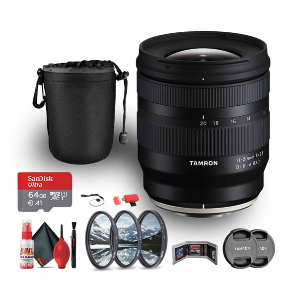 Tamron 11-20mm F/2.8 Di III-A RXD Lens for FujiFilm X (AFB060X-700) Bundle Including 64 GB Memory Card, 3-Piece Filter Kit, Lens Pouch, Card Reader, Card Wallet, Full Cleaning Kit, Lens Caps