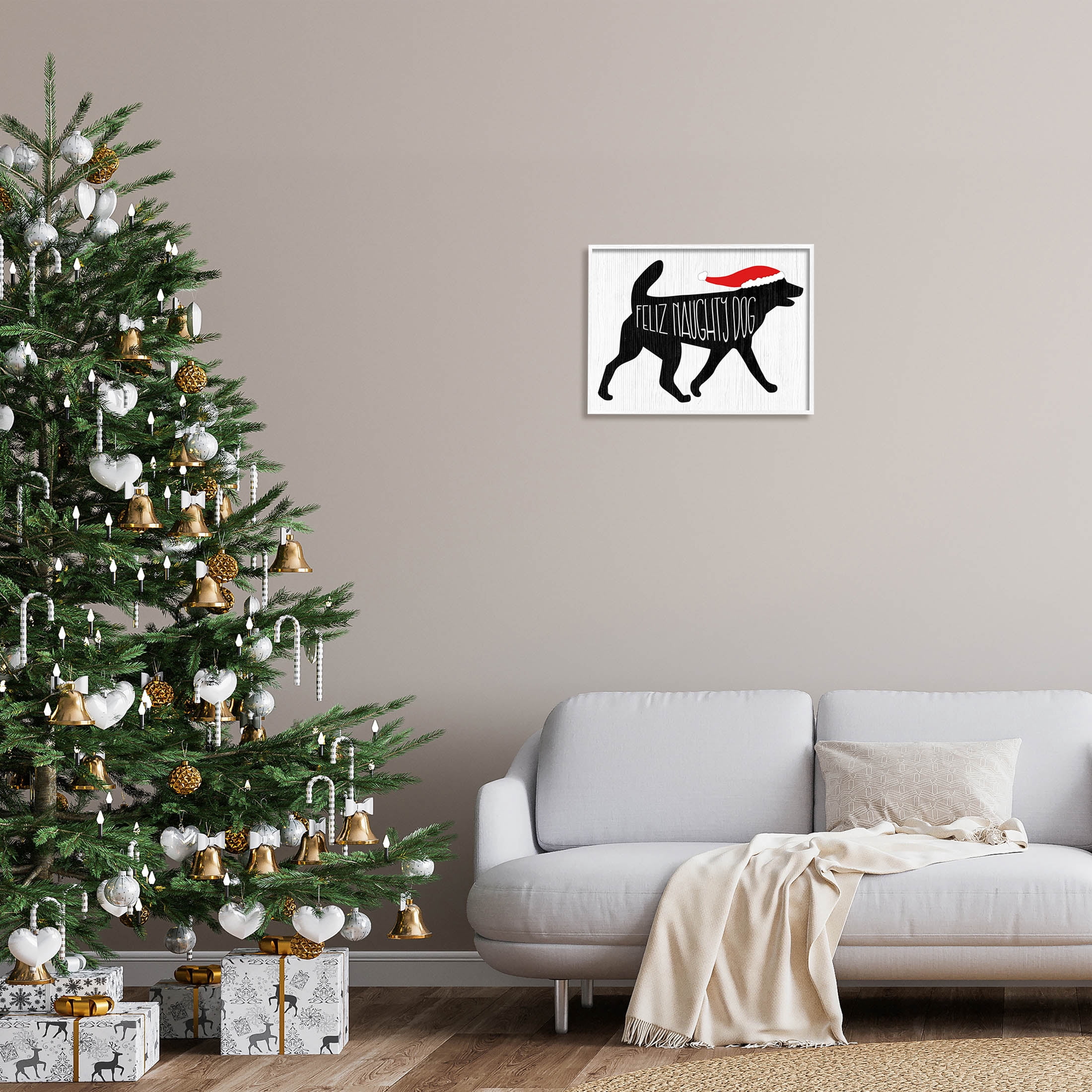 Feliz Naughty Dog Funny Pet Holiday Graphic Art White Framed Art Print Wall Art