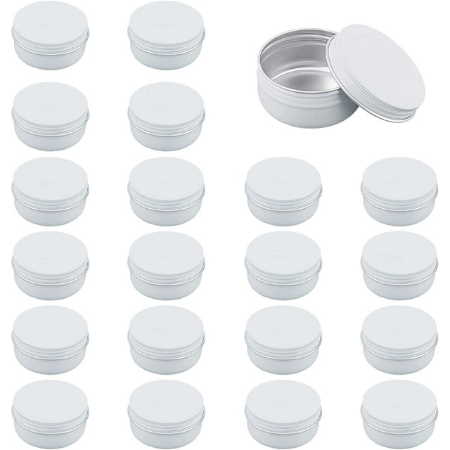 20 paquetes de latas redondas de aluminio de 1.7 oz con tapa de rosca plateada para especias, dulces, té o para regalar.