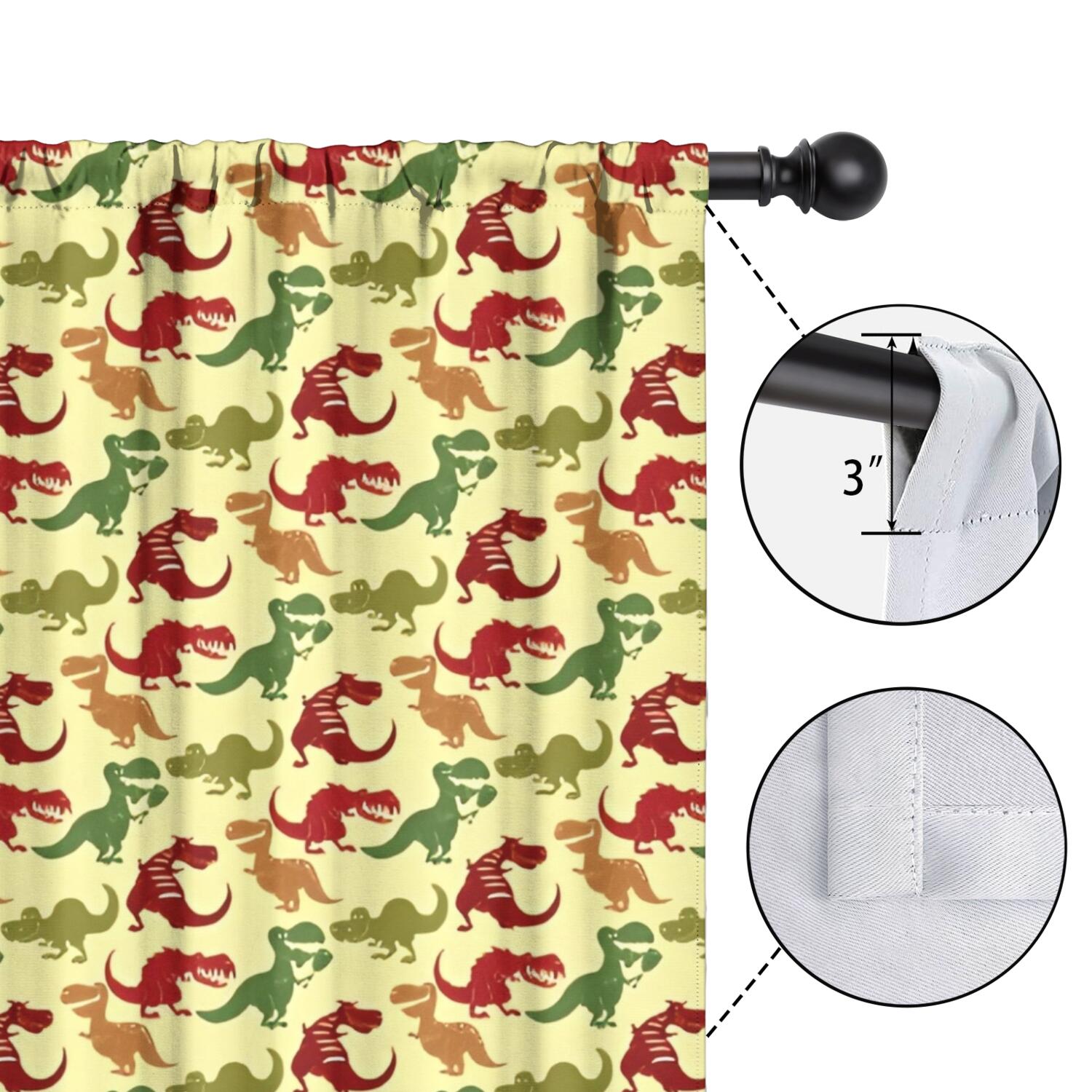 Blackout Kids Curtains,Yellow Cartoon Dinosaurs Pattern Childrens Insulated Curtains Set Of 2,Bedroom Essentials,Toddler Room Decor 42"x63"