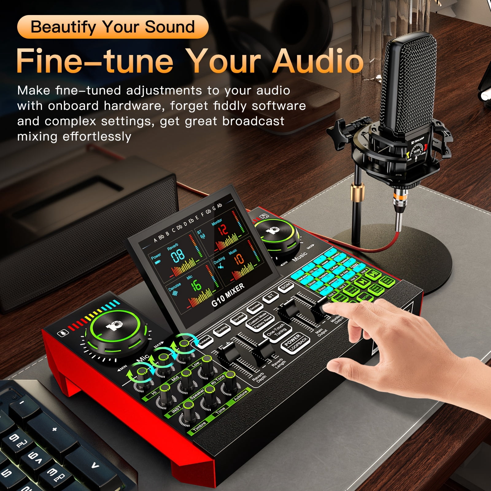 Tenlamp Podcast & Gaming Audio Mixer with Condenser Microphone, Voice Changer & Reverb Modes