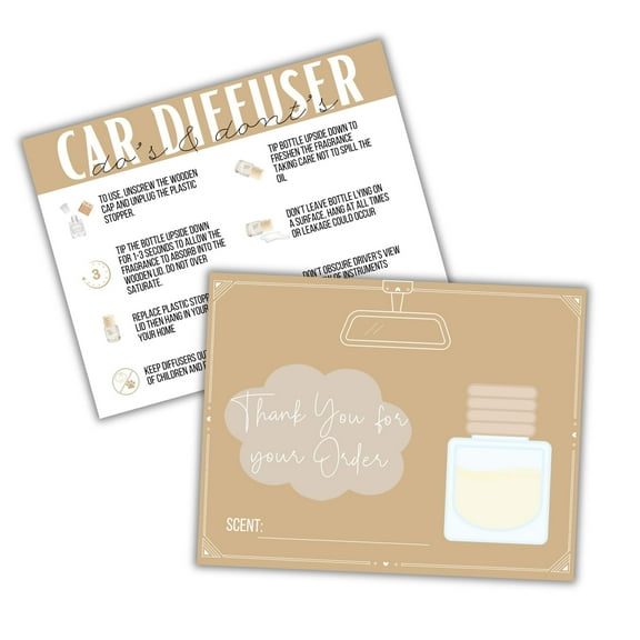 Car Diffuser Care Instruction Cards  50 pk 4.25x5.5 Postcard Reed Oil Wooden Top Glass Air Freshener Client Package Minimalist Neutral Brown