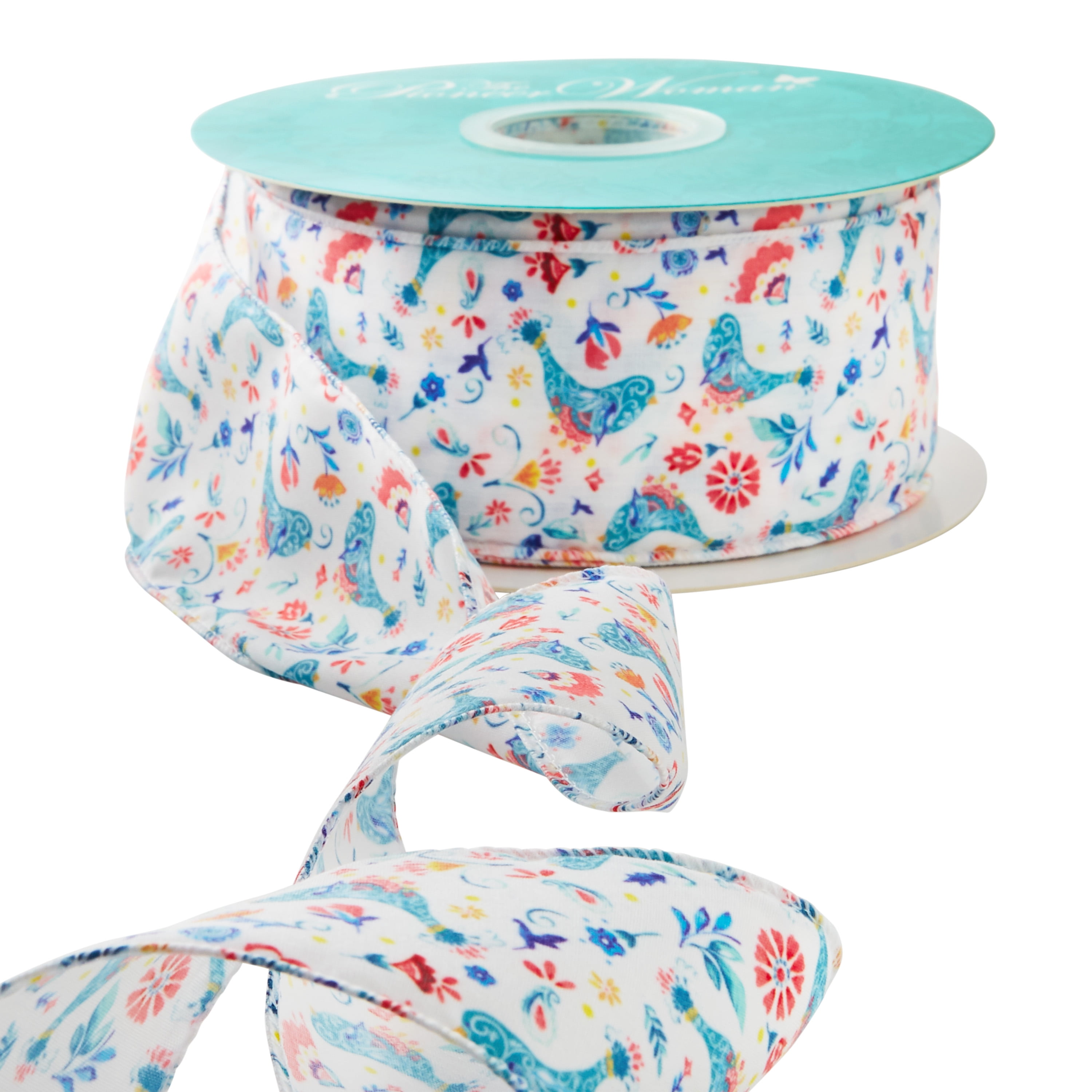 The Pioneer Woman Mazie Bird Polyester Merrow Wire Edge Ribbon, 2.5" x 25 Yards