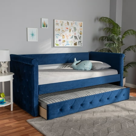 Queen Daybed Baxton Studio Amaya Modern and Contemporary Navy Blue Velvet Fabric Upholstered Twin Size Daybed with Trundle ()