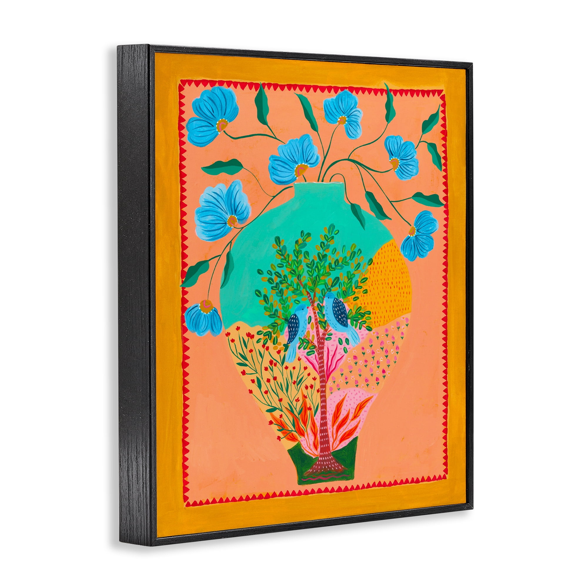 Bluebirds & Boho Flower Vase Black Framed Giclee Art, design by Nabeela Rumi