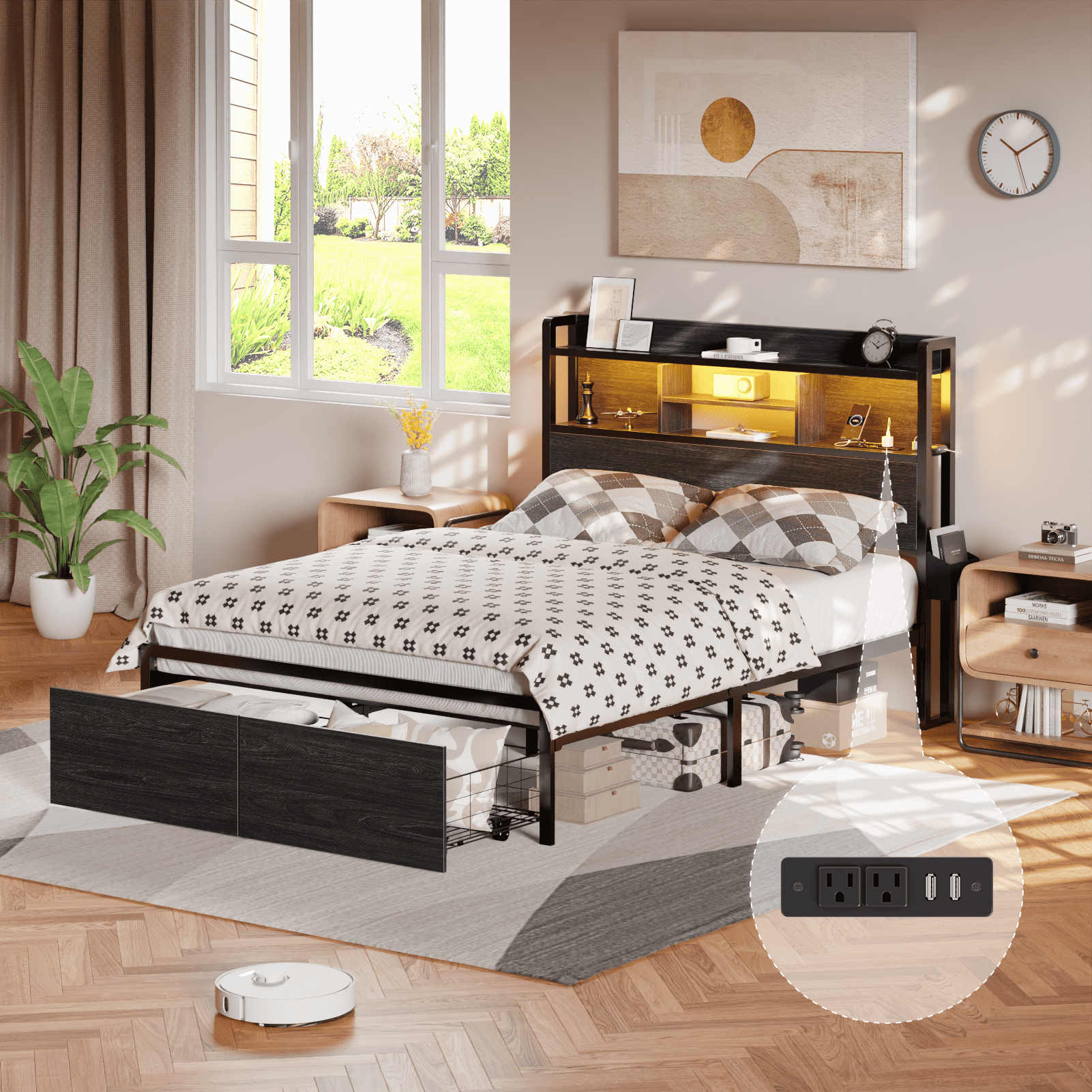 Satifur Full LED Platform Bed Frame with Storage Headboard, USB Ports, RGB Lights and 2 Easy-Slide Under Bed Storage Drawers