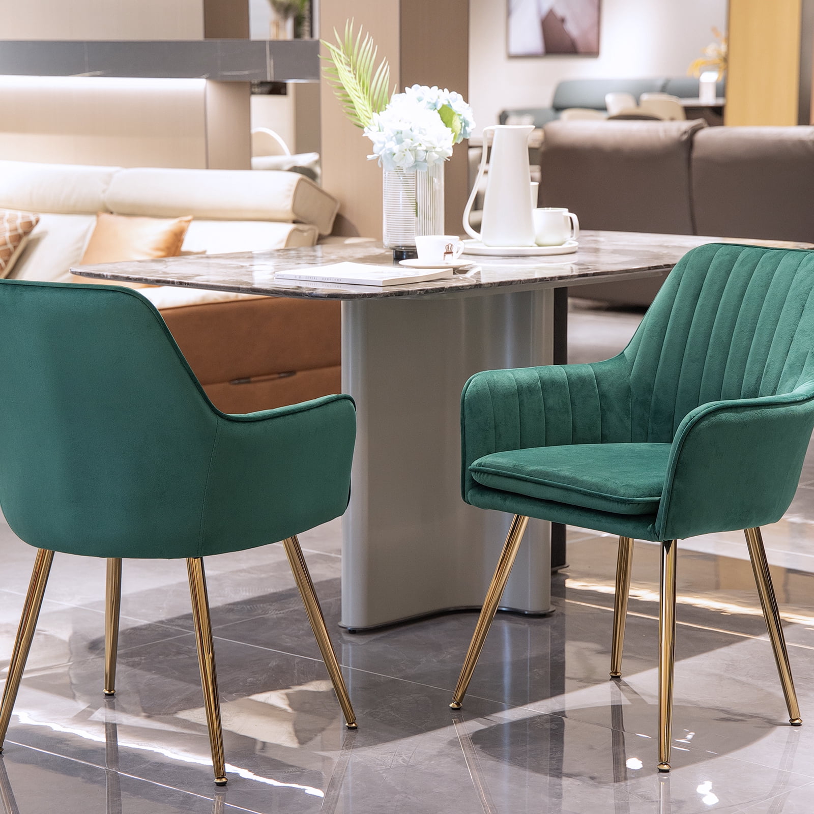 JW Home Furniture Velvet Dining Chairs Set of 2 - Mid-Back Gold Legs - Green Upholstered Accent Chairs for Kitchen & Dining Room