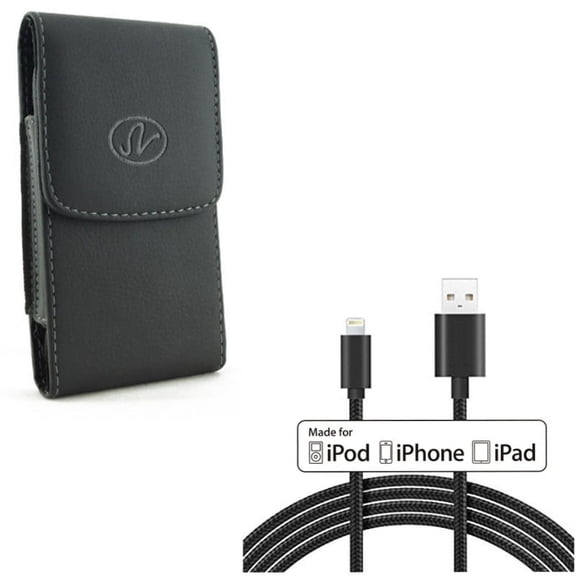 MFi USB Cable w Case Belt Clip for iPhone 8/7/6S/6/11 Pro - 10ft Certified Charger Cord Power Wire, Leather Holster Cover Pouch Vertical for iPhone 8/7/6S/6/11 Pro Models