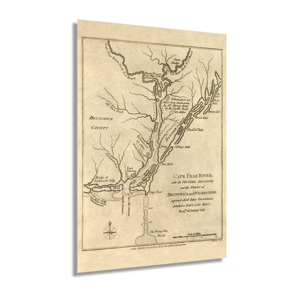 1781 Cape Fear River Region Map - Vintage Map of Wilmington and Brunswick County North Carolina - New Hanover NC Vintage Map Wall Art - American Revolution Map