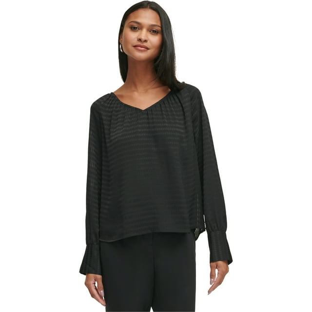 Calvin Klein Womens Textured Peasant Blouse, black, S