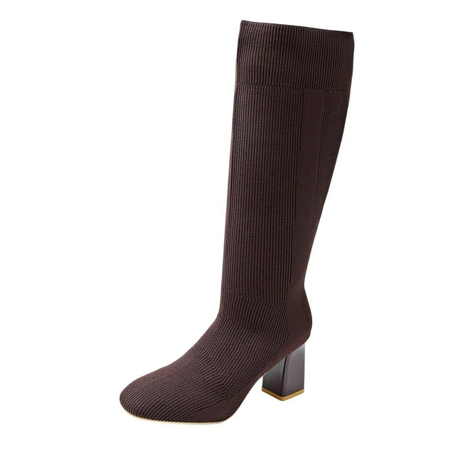 Brown Ladies Mid-Calf Boots With Round Toe And Thick Heel For Supportive Fit