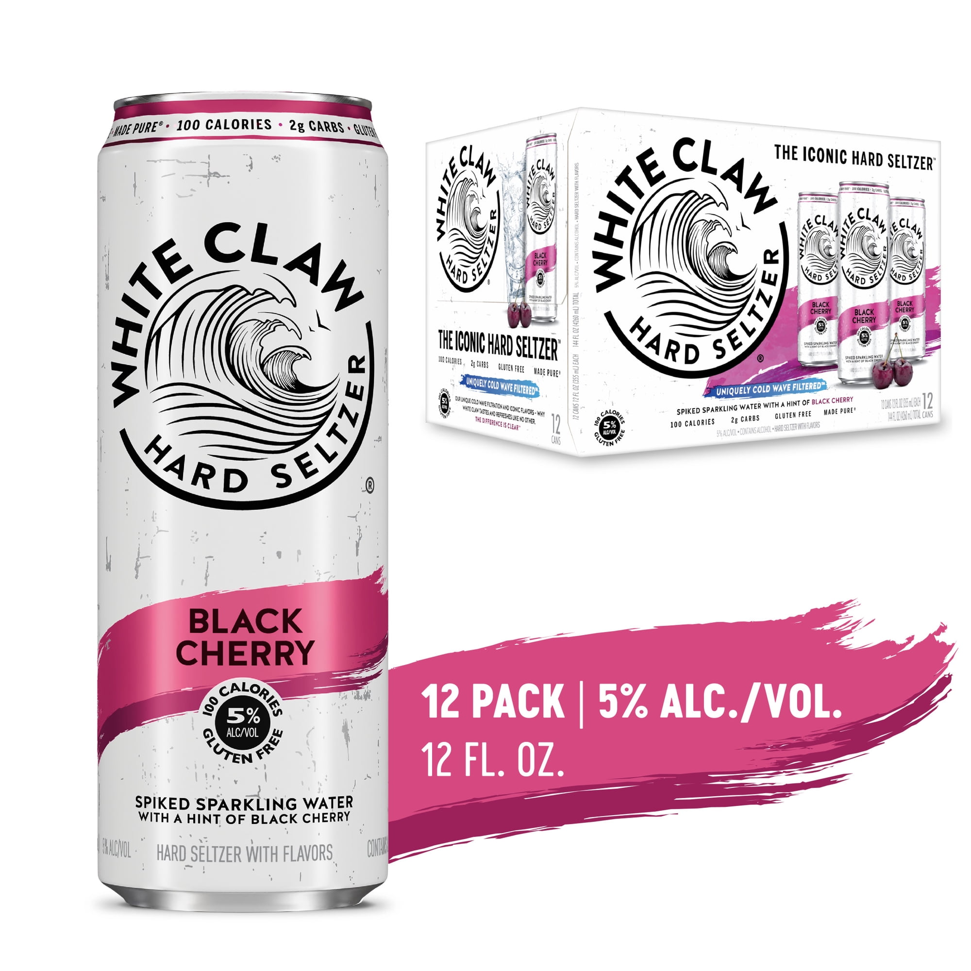 White Claw Hard Seltzer Black Cherry, 12 Pack, 12 fl oz Cans, 5% ABV