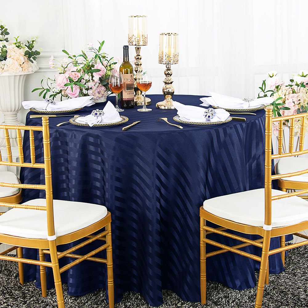 Wedding Linens Inc. 120" Striped Round Jacquard Polyester Tablecloths Navy Blue