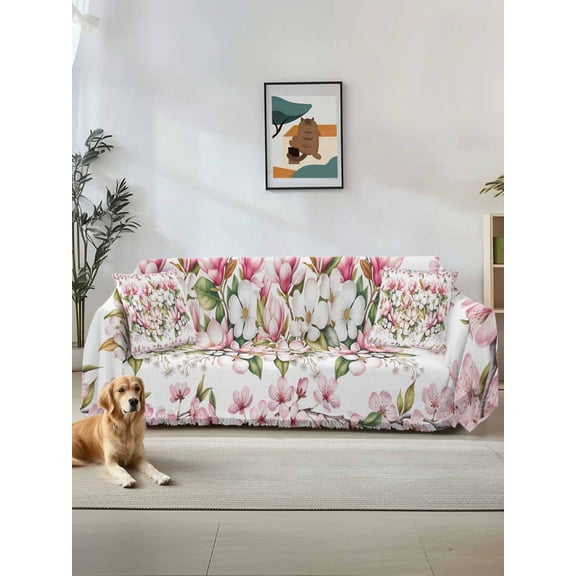 Spring Floral Couch Cover for 2 Cushion Sofa, Retro Pink Orchid Flowers Leaves Botanical Washable Loveseat Sofa Covers Slipcover for Sectional Sofas L-Shaped, Couch Throw Cover 71"x118"