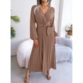 thumbnail image 7 of Women's Long Sleeve V-Neck Elegant Dresses for Women Robe with Belt Solid Crisscross Pleated Long Max Dress Mature, 7 of 7