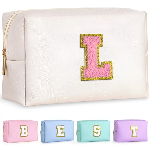 TOPEAST Regalos de cumpleaños personalizados para mujer, Neceser de maquillaje con parches preppy, Neceser de chenilla con letras, Organizador de viaje, Regalos para amigas, Cosas lindas para mujer (B