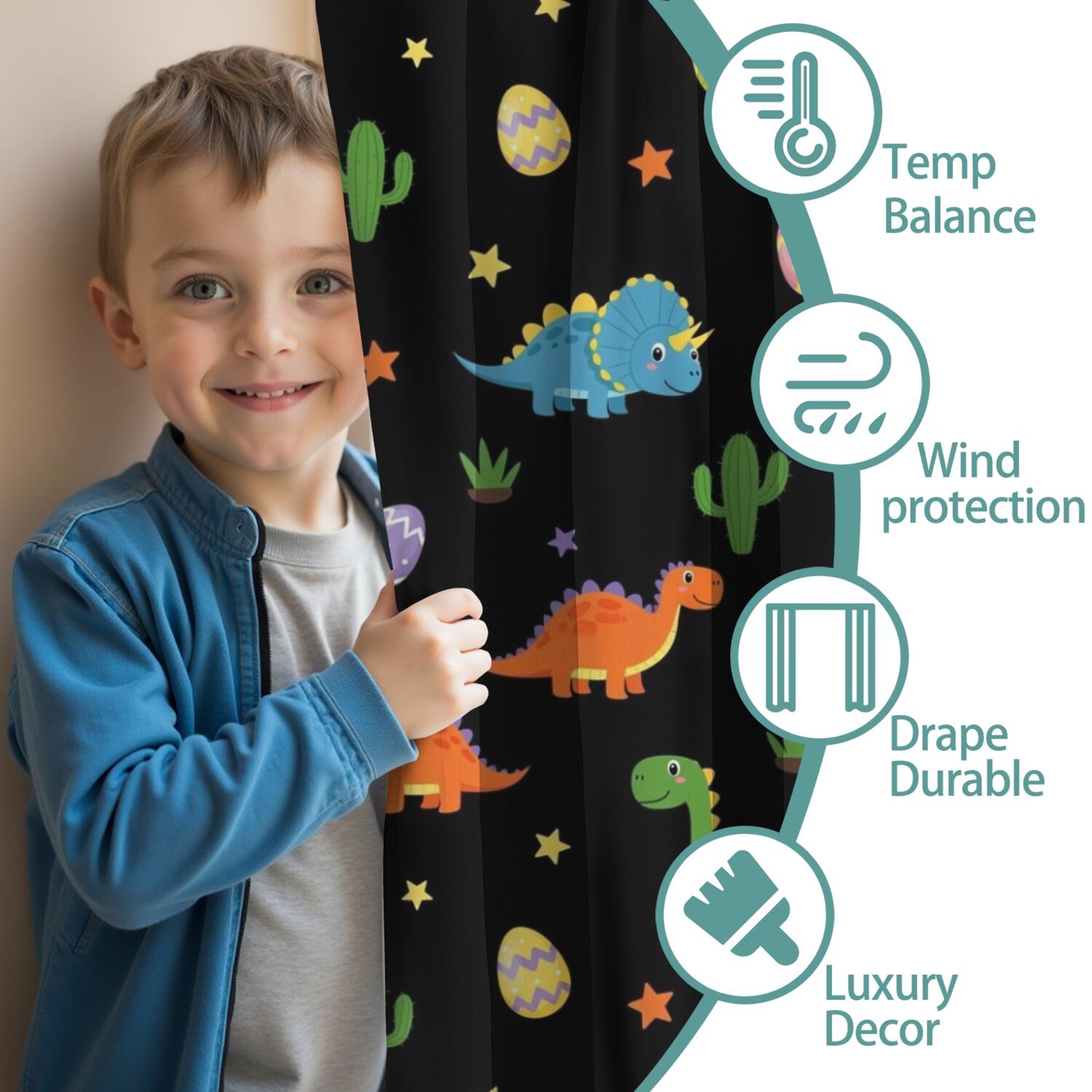 Blackout Kids Curtains,Black Dinosaurs Eggs Cacti Pattern Childrens Insulated Curtains Set Of 2,Bedroom Essentials,Toddler Room Decor 52"x63"