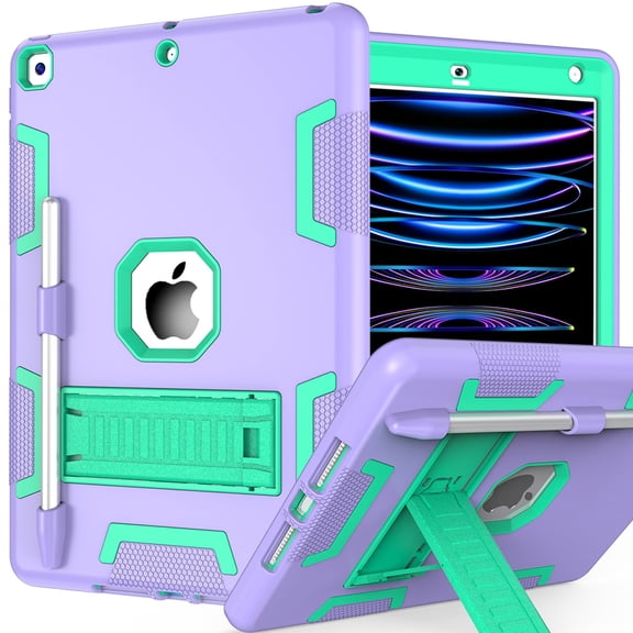 Allytechgroup for iPad 9th/8th/7th Generation Case Cover, Rugged Protective Shock-Absorbent PC TPU, Built-in Kickstand & Pencil Holder Case for iPad 10.2" 2021/2020/2019, Purple