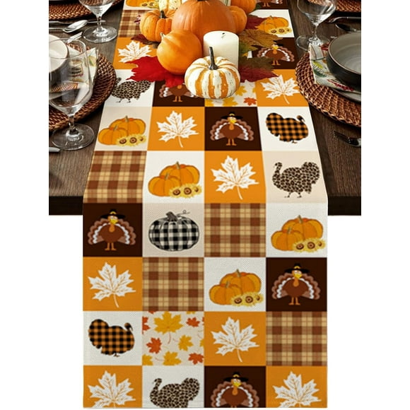 Thanksgiving Table Runners 13x70inch, Turkey Pumpkin Cotton Linens Table Cloth Dresser Scarves for Wedding Dinning Tables Parties Holiday Home Decor, Buffalo Plaid Orange Table Decorations