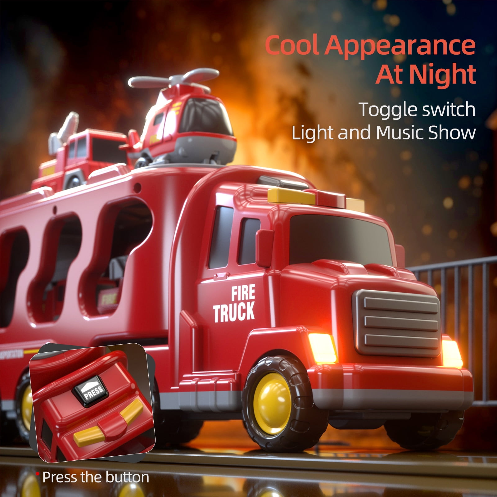 Lucky Doug Fire Truck Car Set for Toddlers Ages 1-3-5, 5 in 1 Carrier Truck Toys with Light & Sound, Toddlers Boys Toys Ages 2 3-5 as Birthday Gift
