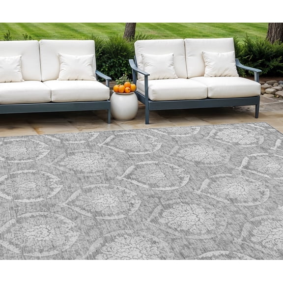 8' X 10' Gray And Silver Medallion Washable Indoor Outdoor Area Rug