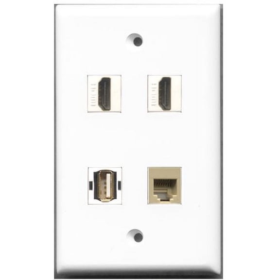 RiteAV - 2 Port HDMI 1 Port USB A-A 1 Port Phone RJ11 RJ12 Beige Wall Plate