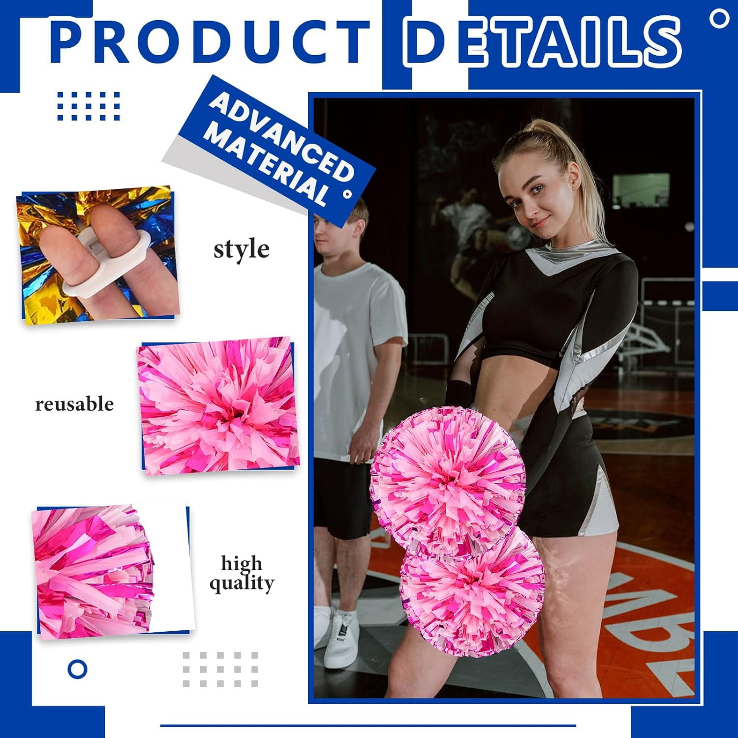 Cheerleader Pom Poms 12 Pack Sports Dance Cheering Plastic Metallic Cheerleading Pom Poms for Kids Adults-Ring Style