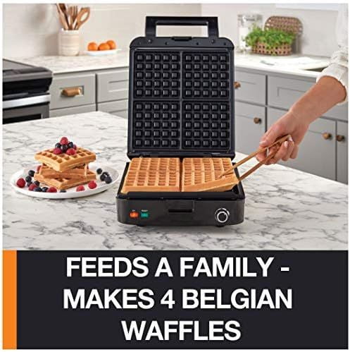 4-Slice Belgian Waffle Maker: Stainless Steel, 5 Browning Levels, Audible Ready Beep, Removable Plates, 1200W, Silver/Black, Large Waffle Maker Family Size, Great for Family Breakfasts