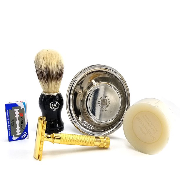 Gold Long Handle Double Edge Safety Razor Close Shave with MUG, SOAP, RAZORS